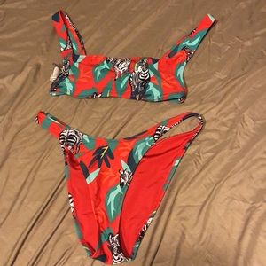 F21 red zebra bathing suit top &high cut bottoms.